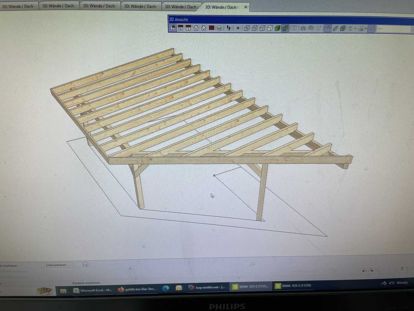 Ein Computerbildschirm zeigt eine Zeichnung einer Holzkonstruktion