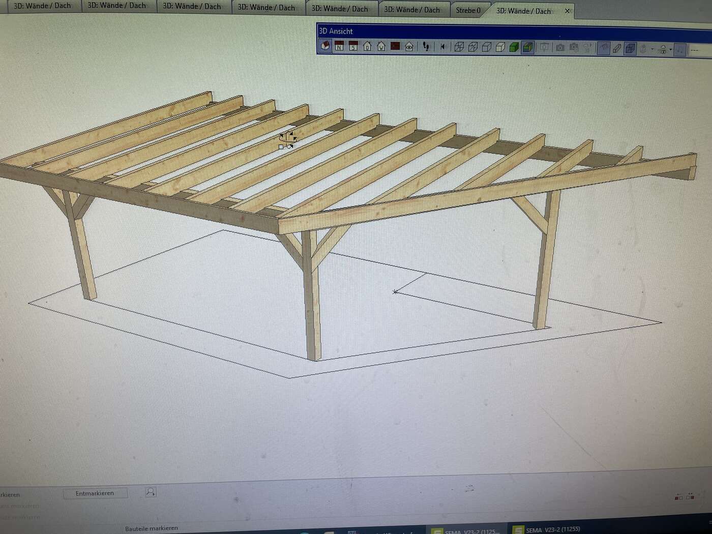 Ein Computerbildschirm zeigt ein 3D-Modell einer Holzkonstruktion