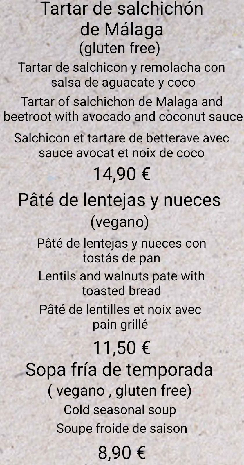 Un menú para un restaurante sin gluten.