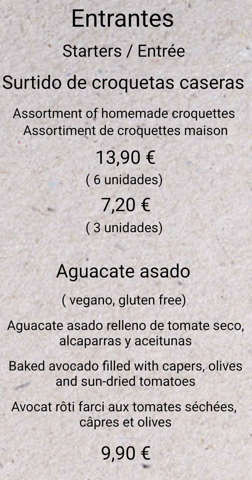 Un menú que dice entrantes/entrantes.