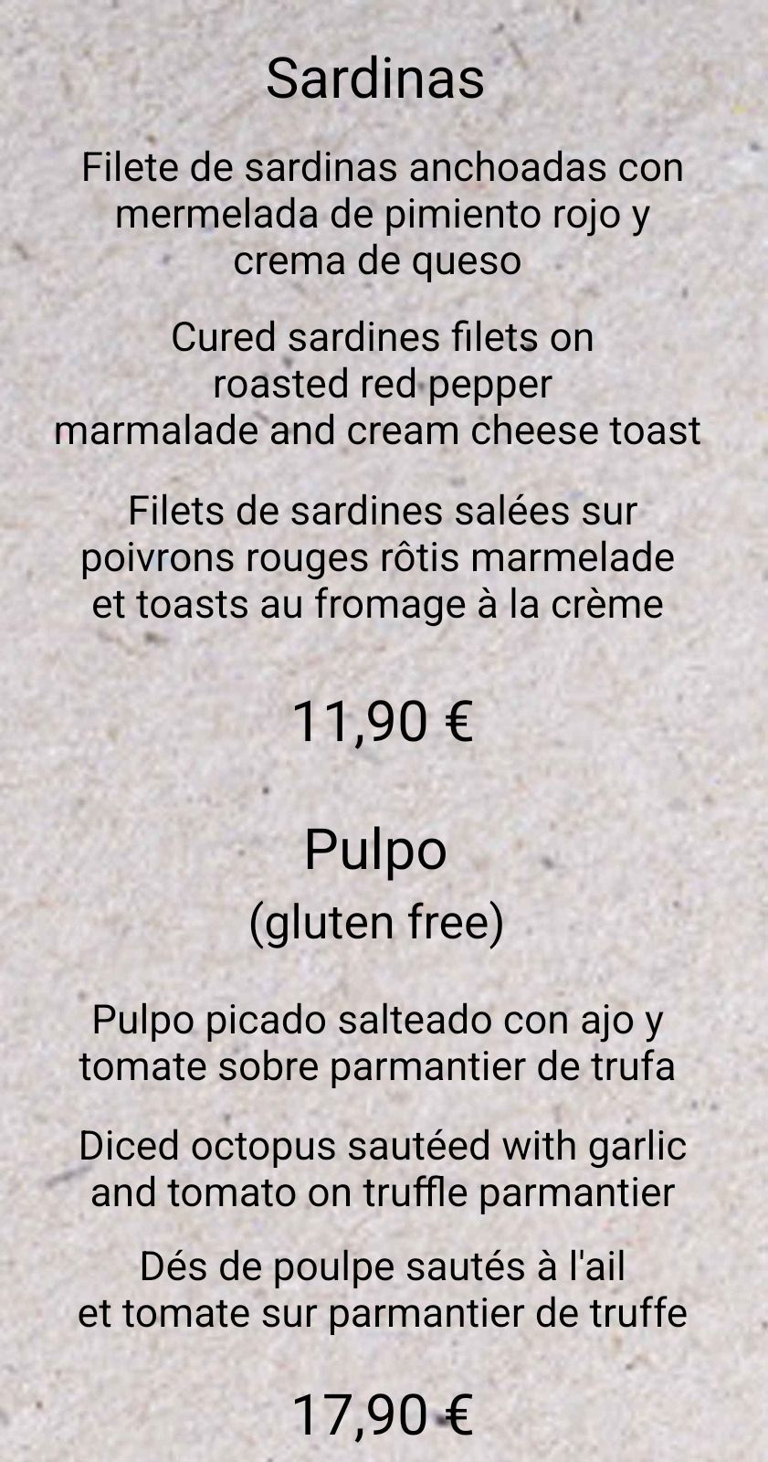 Un menú de sardinas y pulpo con precios