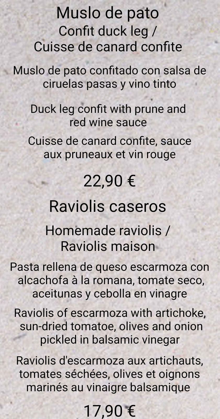 Un menú para un restaurante con un precio de 22,90 euros.