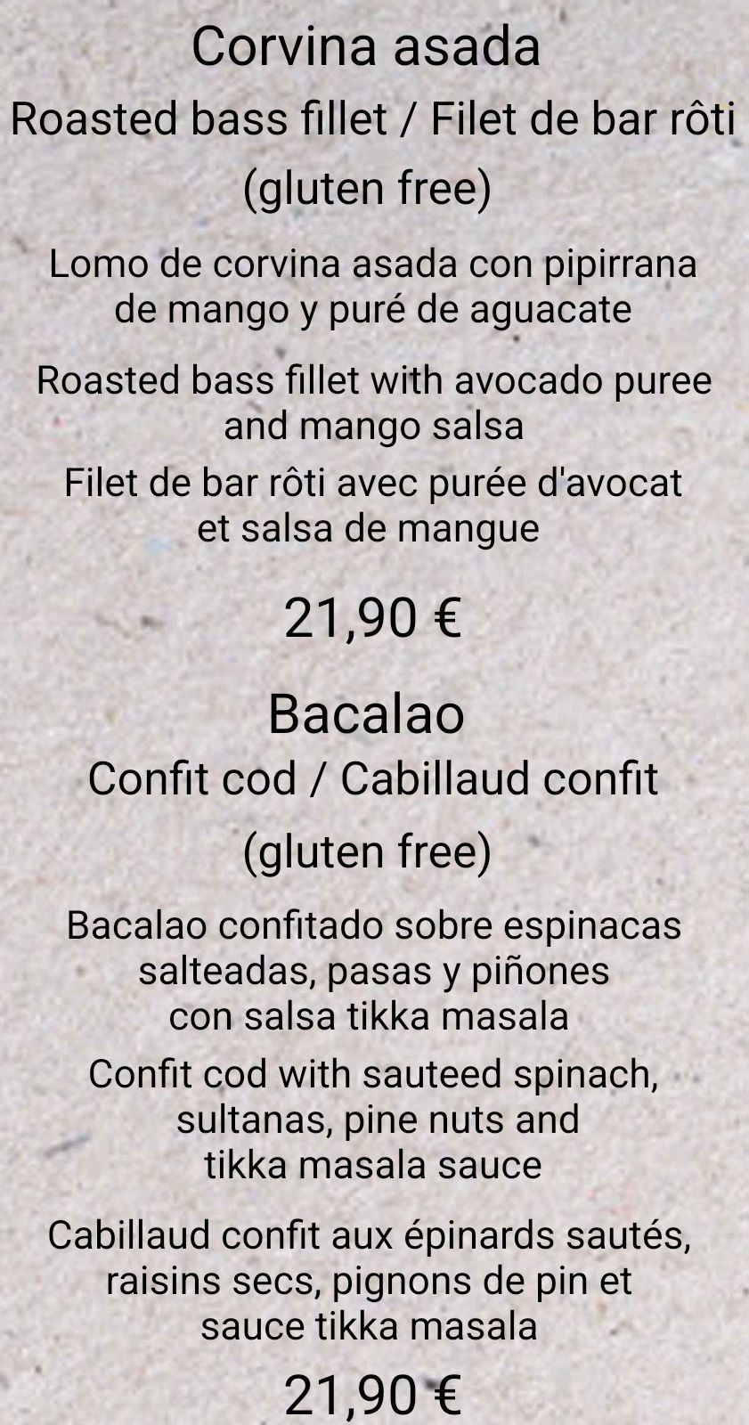 Un menú para corvina asada, filete de lubina asado / filet de bar roti