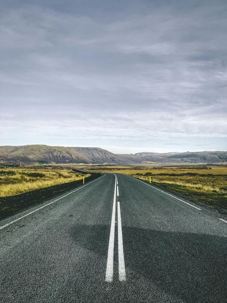 Vegur sem teygir sig um graslendi í átt að fjarlægum fjöllum undir skýjuðum himni.