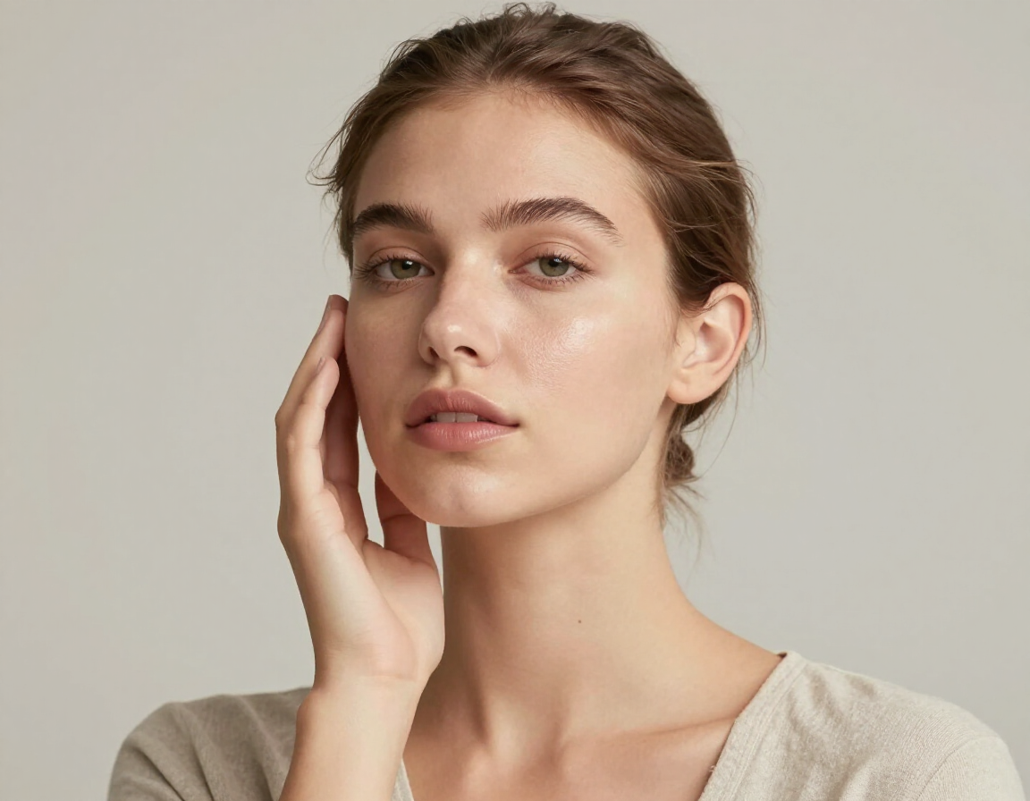 Una persona de tez clara y cabello castaño recogido se toca la mejilla, mirando fijamente al frente contra un fondo liso.