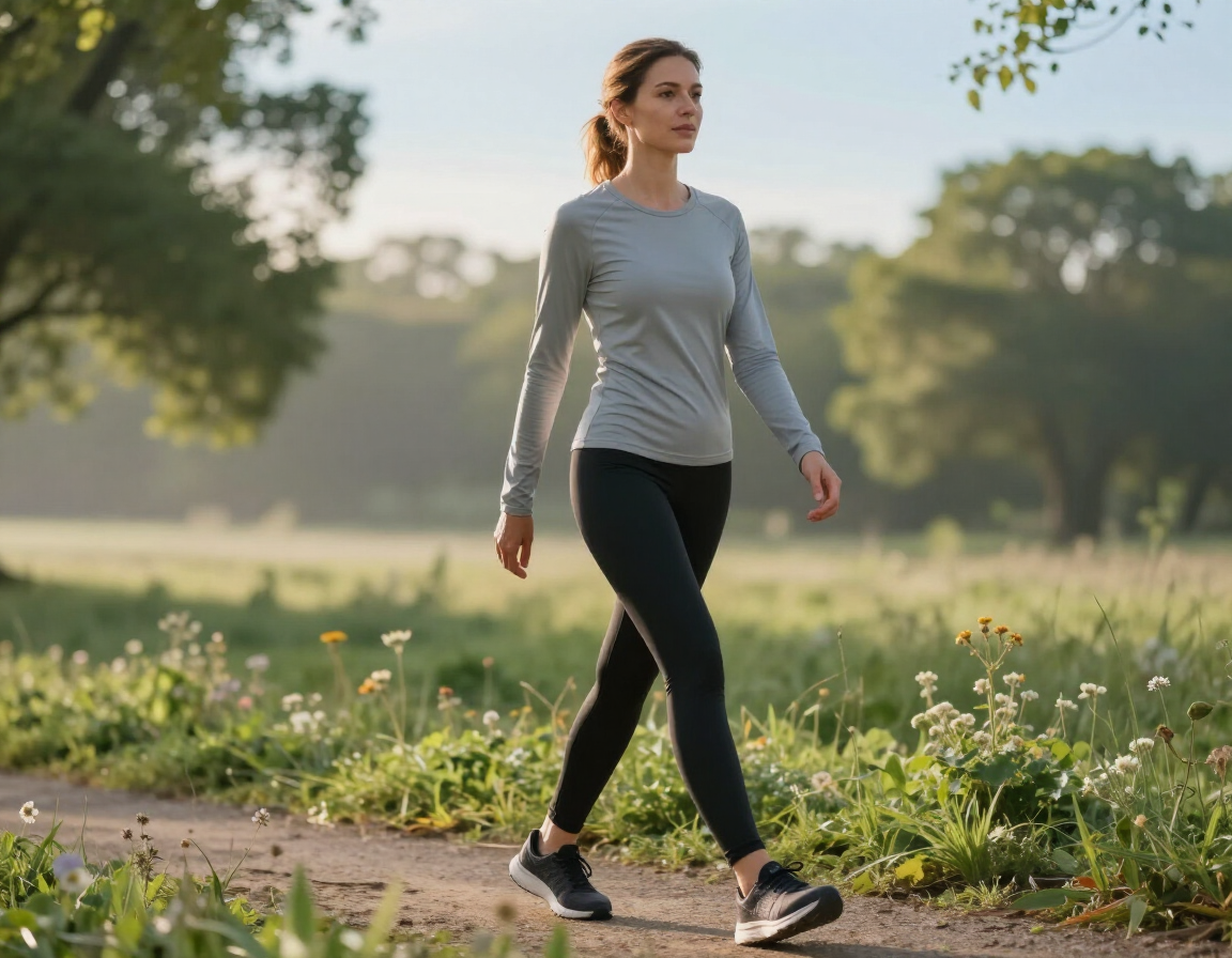 Una persona vestida con una camisa gris de manga larga y mallas negras camina