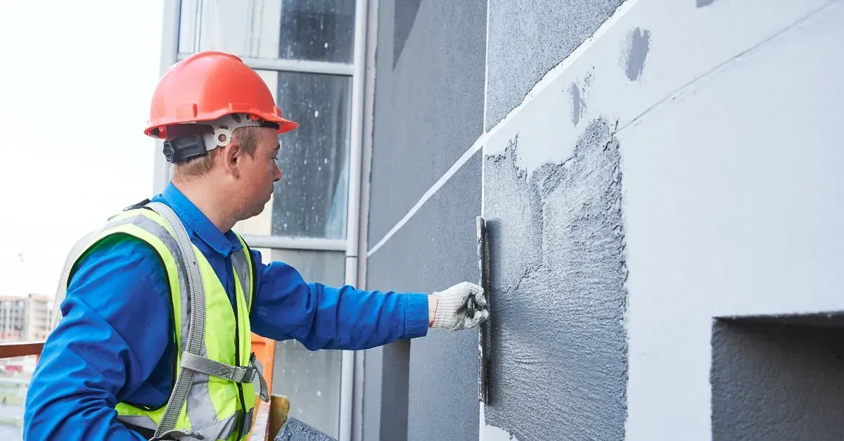 Un trabajador de la construcción está enyesando una pared con una paleta.