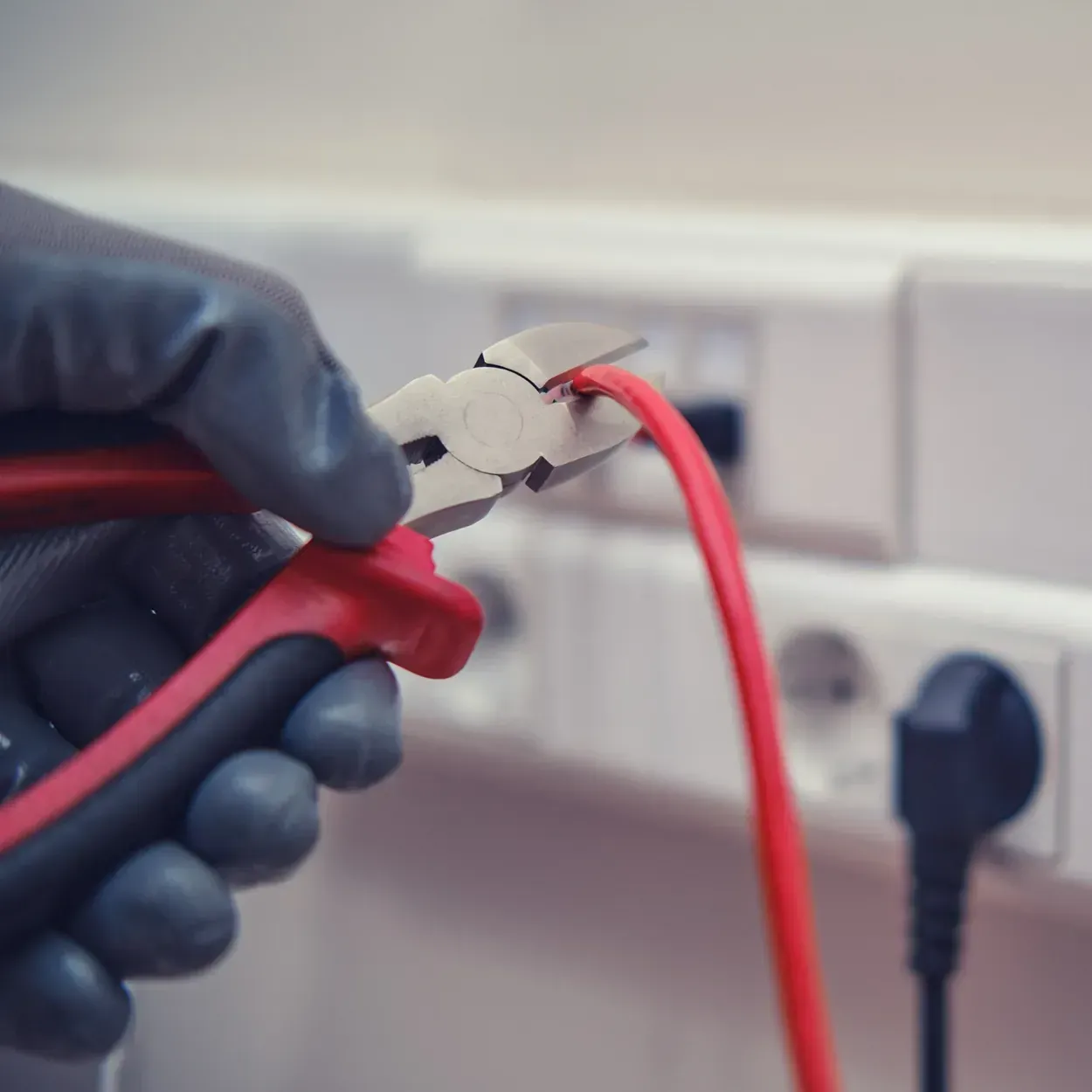 Una persona está cortando un cable rojo con unos alicates.