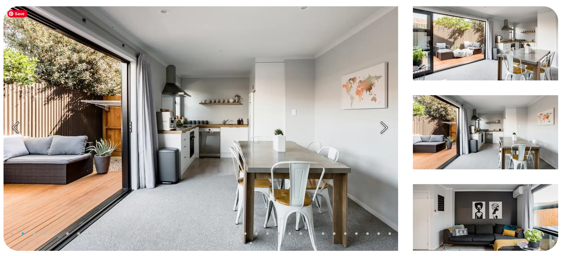 A collage of four pictures of a house with a table and chairs