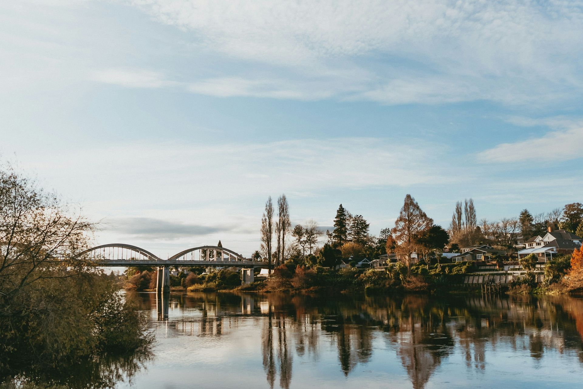 A bridge over a river with trees in the foreground and a bridge in the background.