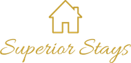 Logo for "Superior Stays", a house outline above cursive text in gold on a white background.