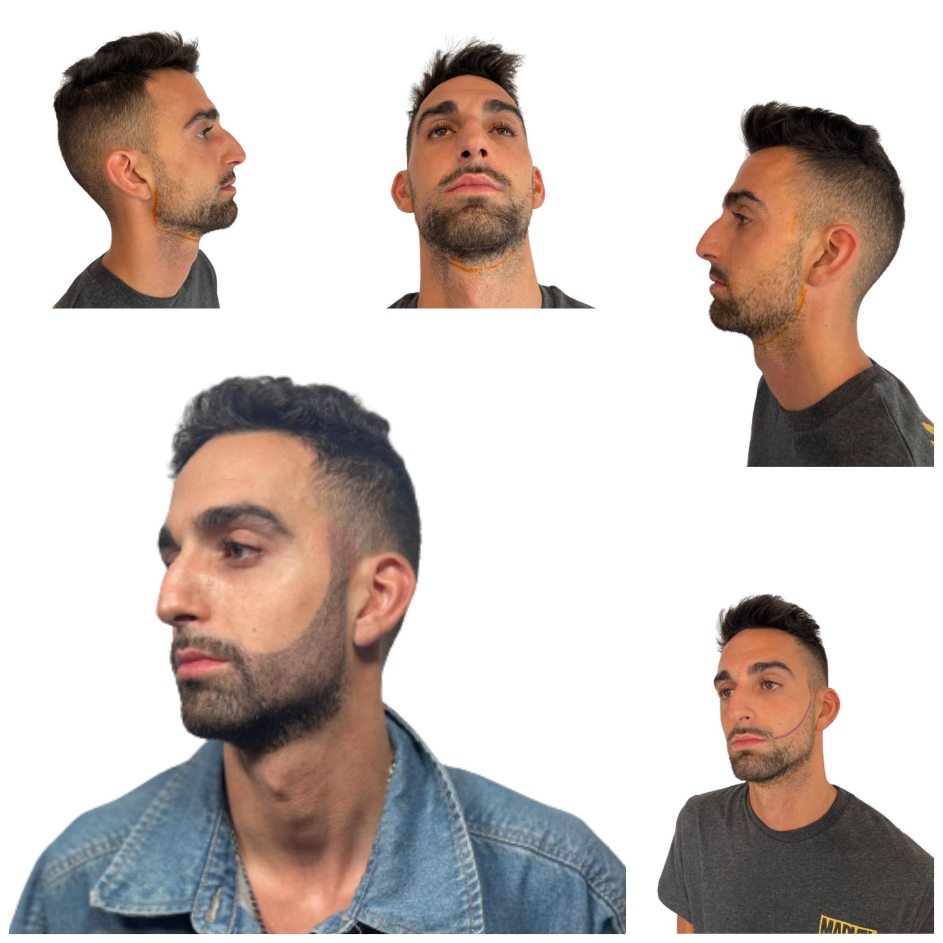 Cinco ángulos de disparo a la cabeza de un hombre con cabello oscuro y barba.