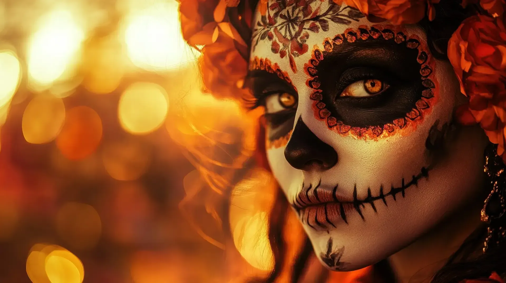 Close-up of a skull face paint look with orange floral headpiece against a warm bokeh background