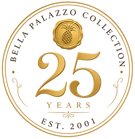 Bella Palazzo Collection 25 years anniversary logo in gold and white with circular emblem, EST. 2001