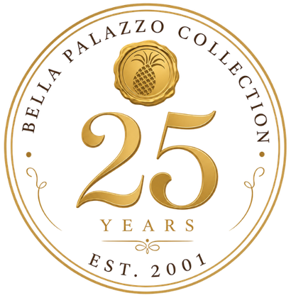 Bella Palazzo Collection 25 years anniversary logo in gold and white with circular emblem, EST. 2001