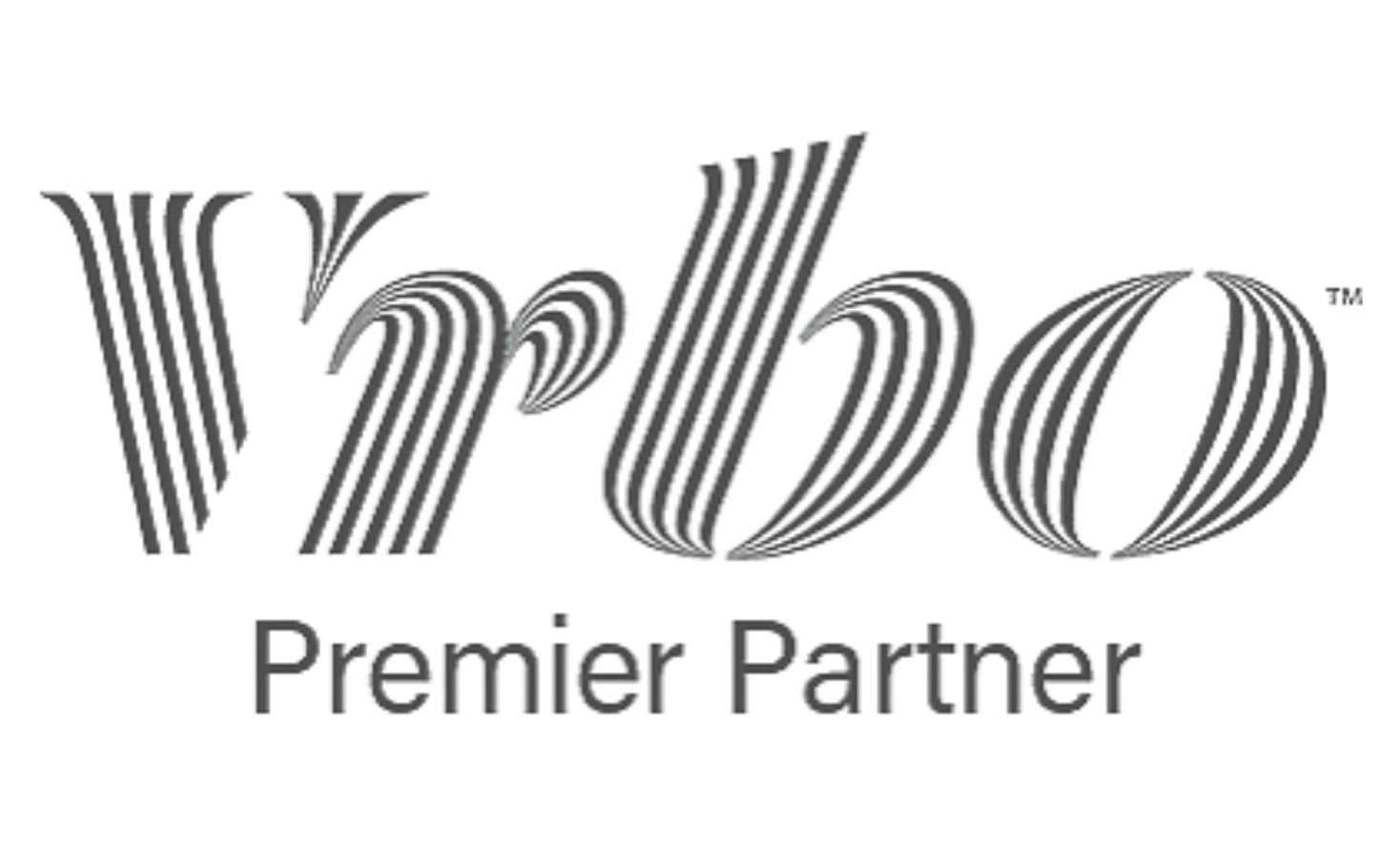 Vrbo Premier Partner logo in gray with stylized striped lettering on a white background