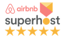 Airbnb Superhost badge with logo, large “superhost” text, and five gold stars