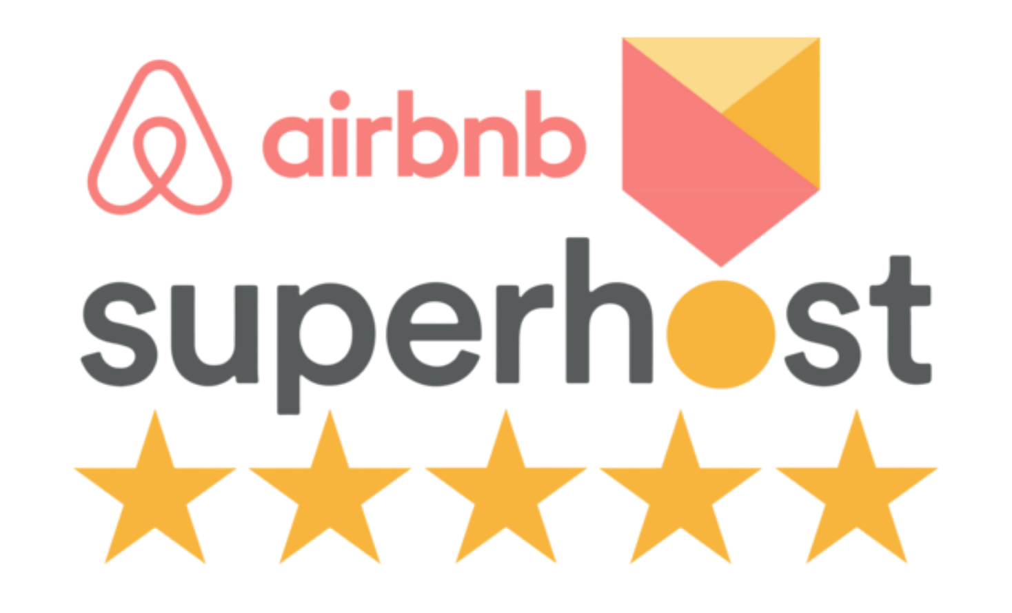 Airbnb Superhost badge with logo, large “superhost” text, and five gold stars
