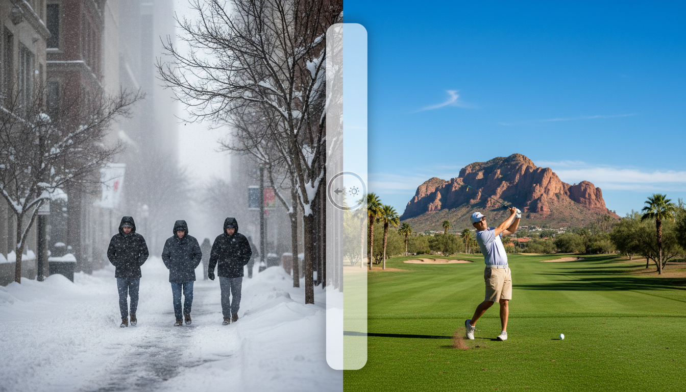 Split scene: snowy city walkers on the left, golfer on a green course with red rocks on the right.