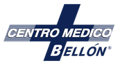 Logotipo para Centro Médico Bellón, que presenta una cruz azul sobre un fondo de rayas horizontales con texto.
