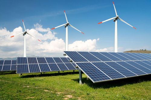 Paneles solares en un campo de hierba con aerogeneradores bajo un cielo azul.