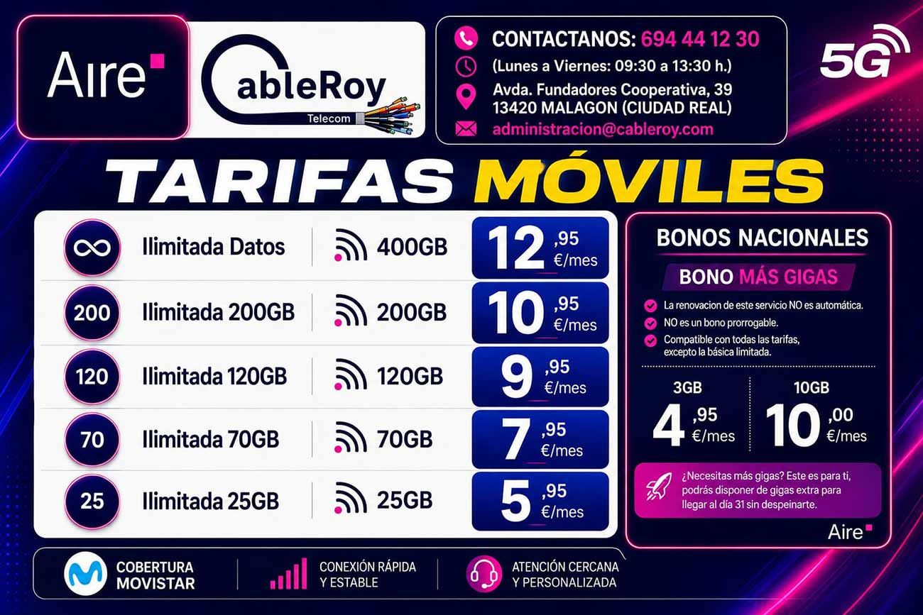 Promoción de tarifas móviles Aire/ableRoy con planes, datos ilimitados y precios en fondo morado.