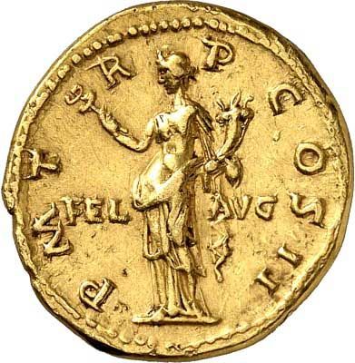 Eine Goldmünze mit einer Frauenstatue darauf