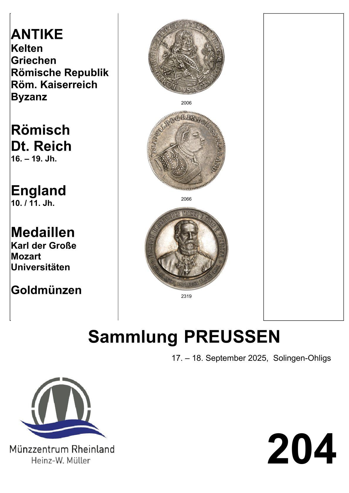 Münzsammlungsdisplay mit Text und Abbildungen, darunter „ANTIKE“ und „Sammlung PREUSSEN“.