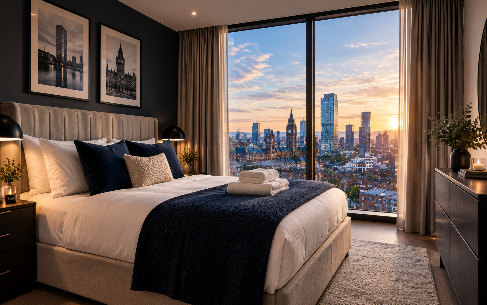 Modern bedroom with a made bed and navy accents, overlooking a city skyline at sunset