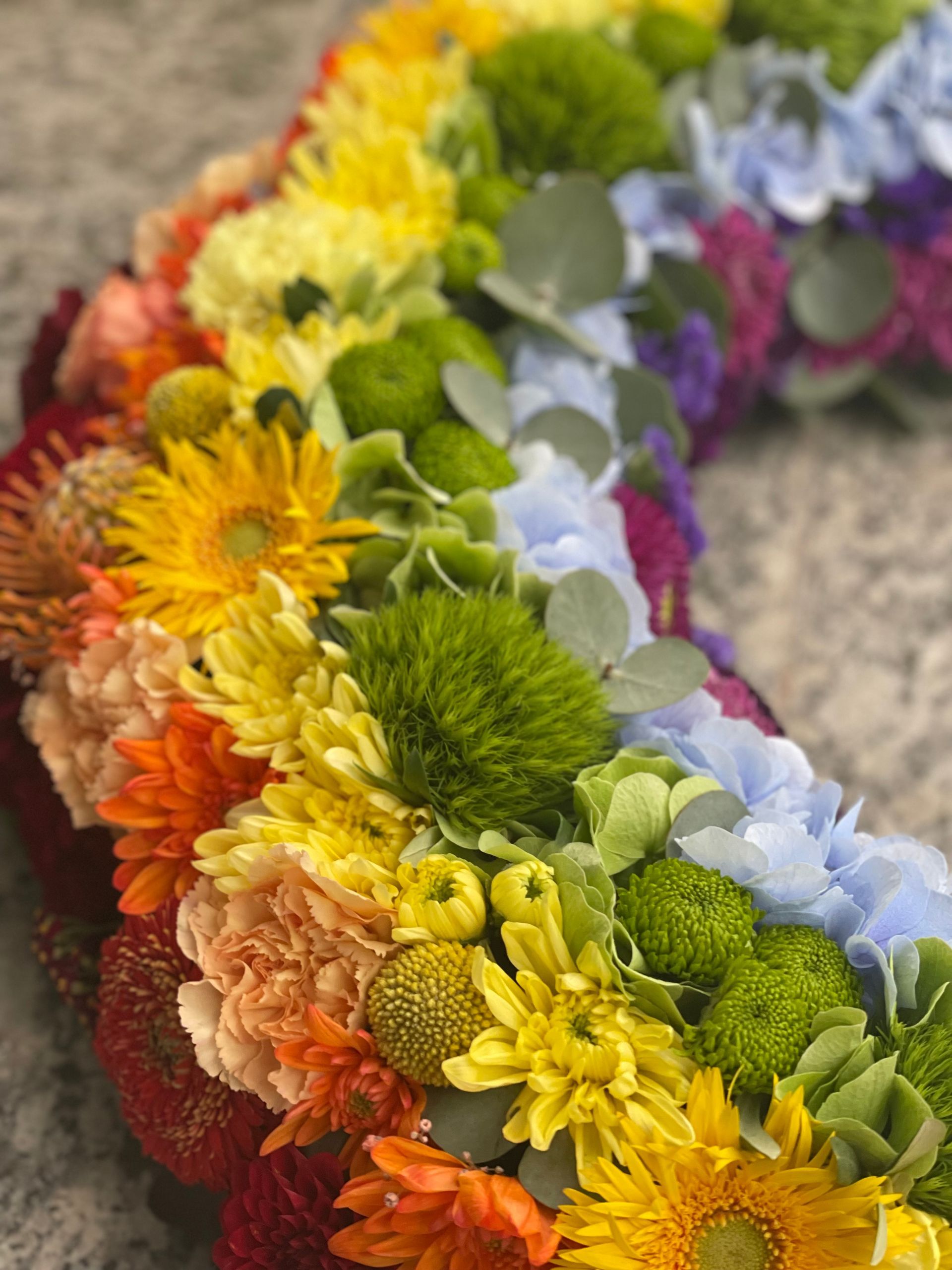 Regenbogenfarbener Blumenkranz. Rote, orange, gelbe, grüne, blaue und violette Blüten im Halbkreis angeordnet.