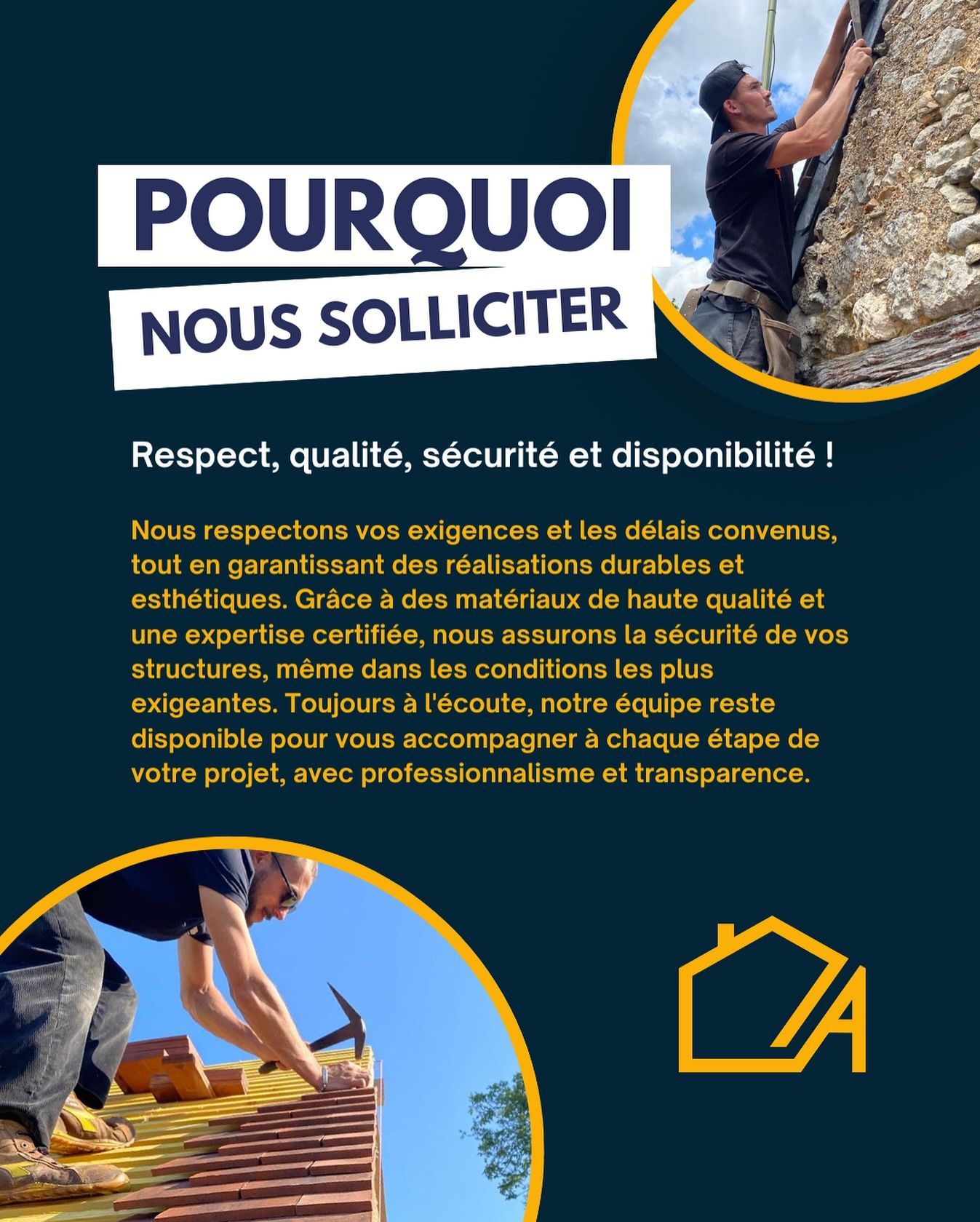 Flyer avec le texte « Pourquoi nous solliciter ? » et des personnes travaillant sur une paroi rocheuse et un toit. Bleu, jaune.