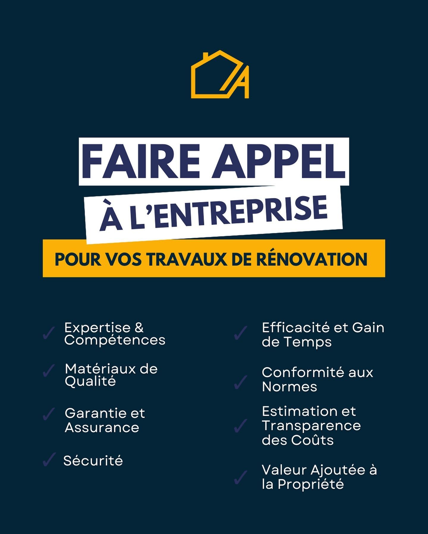 Affiche de promotion de services de rénovation avec texte et coches. Fond bleu foncé, texte jaune et blanc.