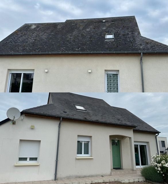En haut : toit recouvert de mousse. En bas : toit propre, maison de couleur claire avec porte verte et garniture blanche.