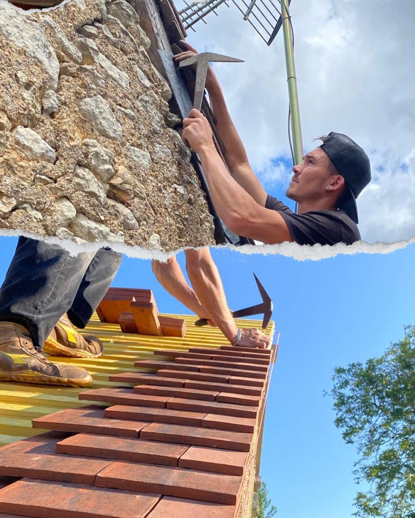 Couvreur installant des tuiles sur un toit à l'aide d'outils. Extérieur ensoleillé.