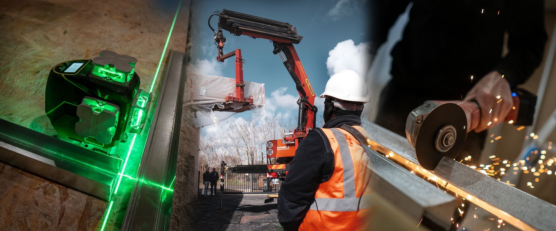 Scènes de construction : niveau laser, grue, ouvrier coupant du métal et équipement de sécurité.