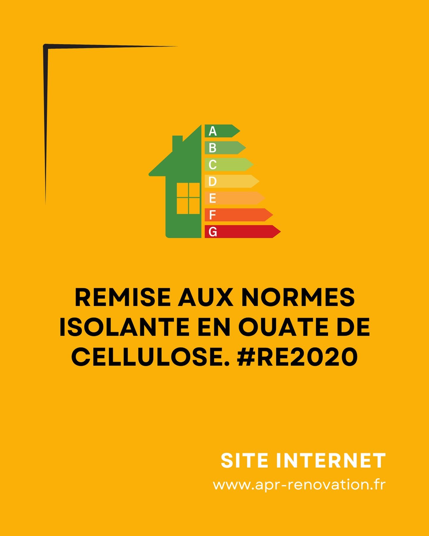 Affiche jaune avec tableau d'évaluation énergétique, icône de maison, texte sur l'isolation en cellulose et adresse du site Web.