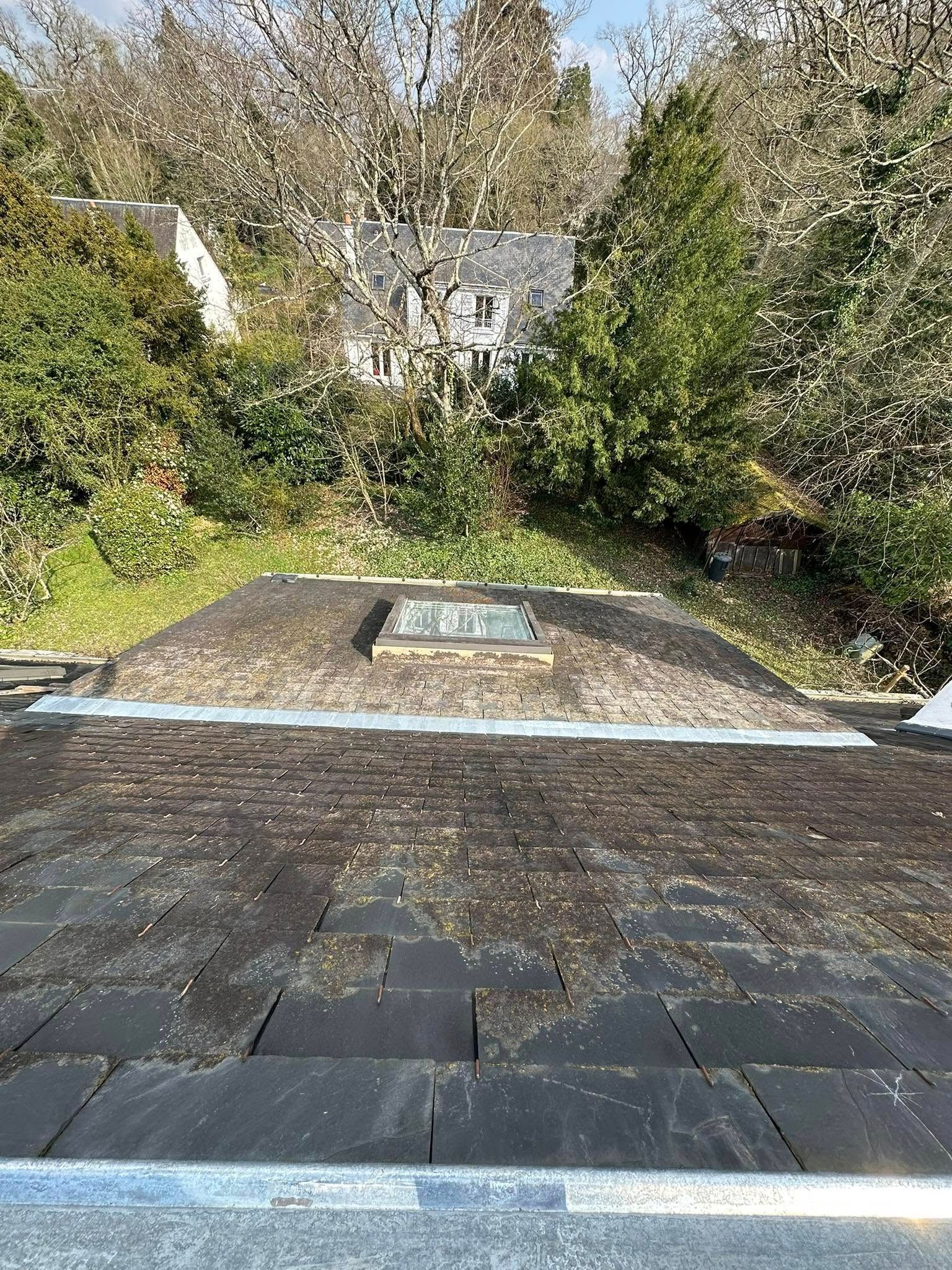Vue aérienne d'un toit avec un puits de lumière, des arbres et un bâtiment en arrière-plan.