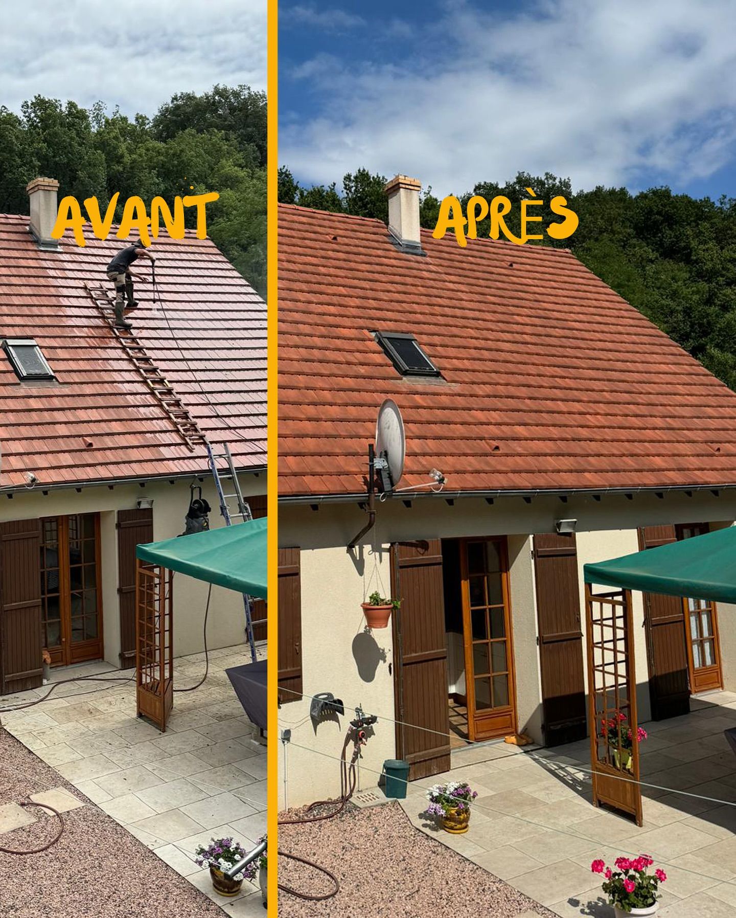 Comparaison avant/après d'un nettoyage de toiture de maison : sale avant, tuiles rouges propres après.