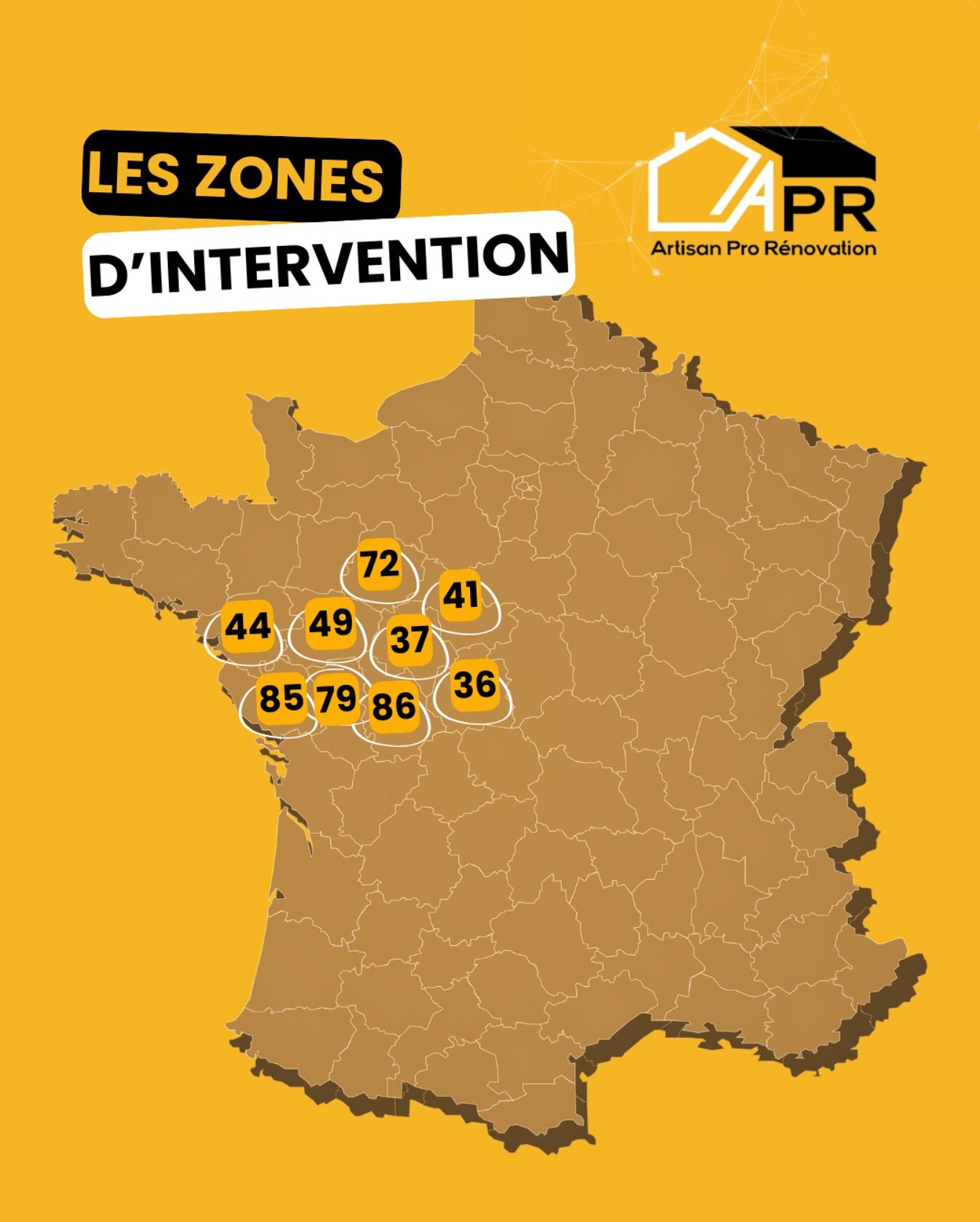 Carte de France avec les zones d'intervention mises en évidence : 36, 37, 41, 44, 49, 72, 79, 85, 86. Logo APR en haut à droite.