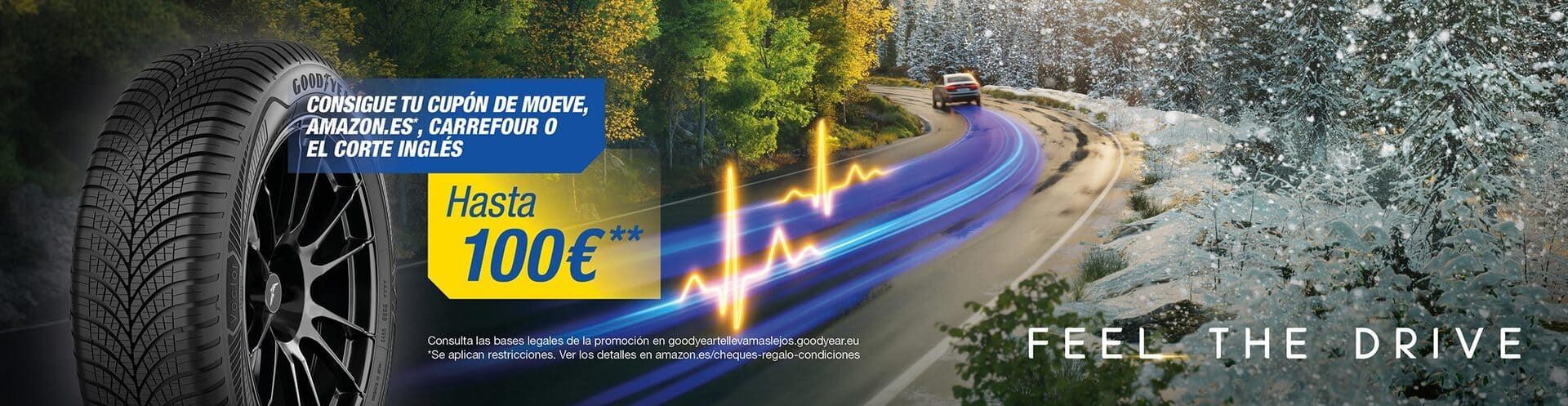 Anuncios de neumáticos Goodyear. Uno muestra a un alpinista, el otro, un neumático sobre una carretera mojada, con la inscripción 