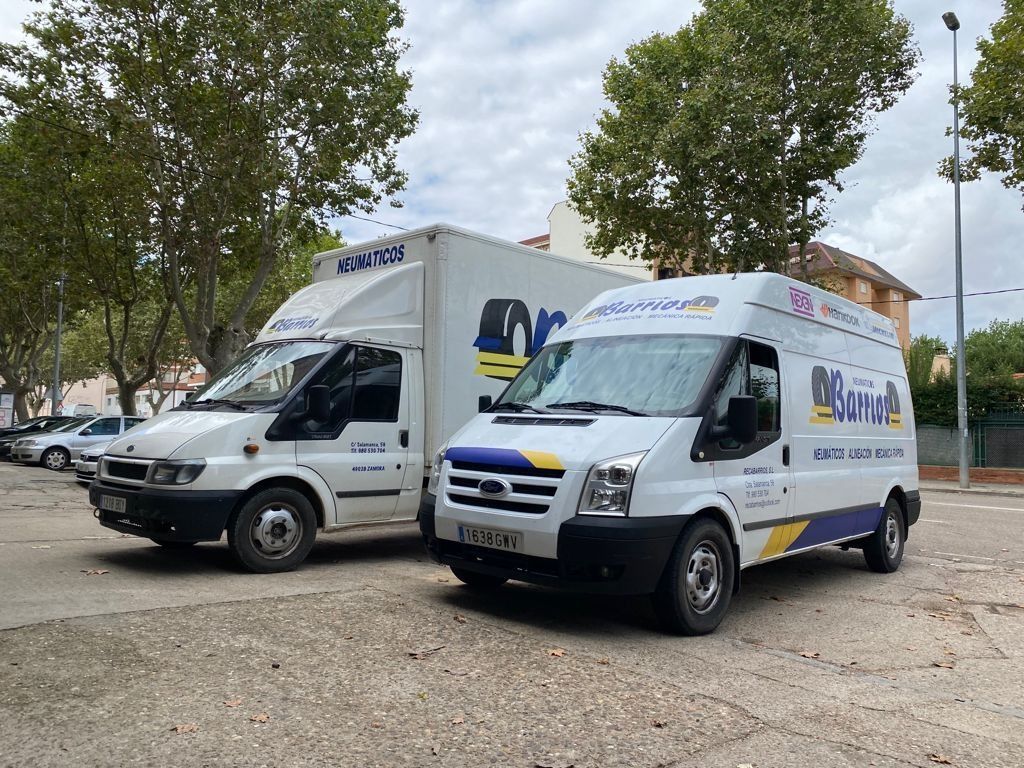 Dos furgonetas blancas estacionadas afuera: una de caja y otra estándar. Logotipos en el lateral. Cielo nublado.