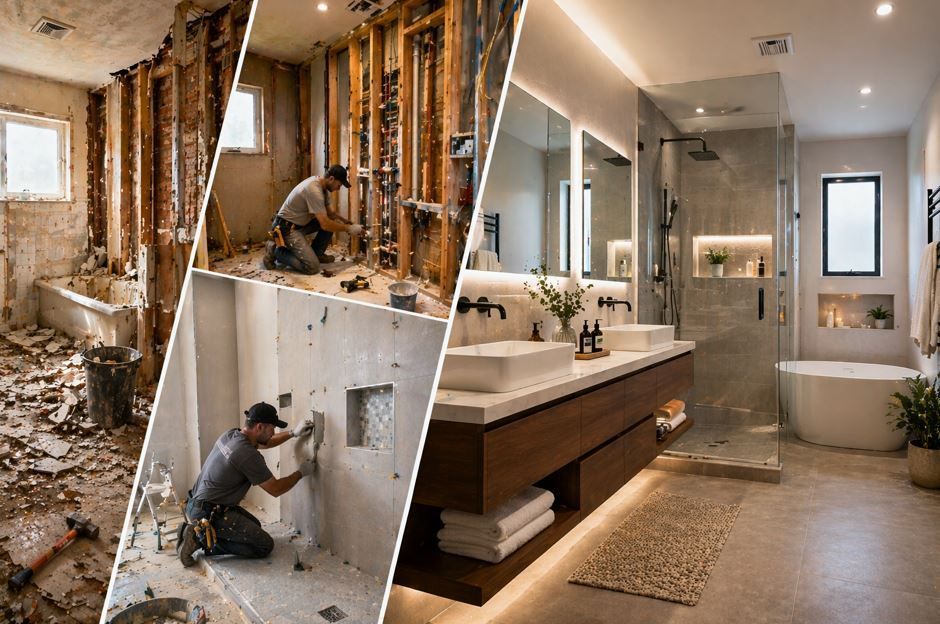 Un collage que muestra la reforma de un baño