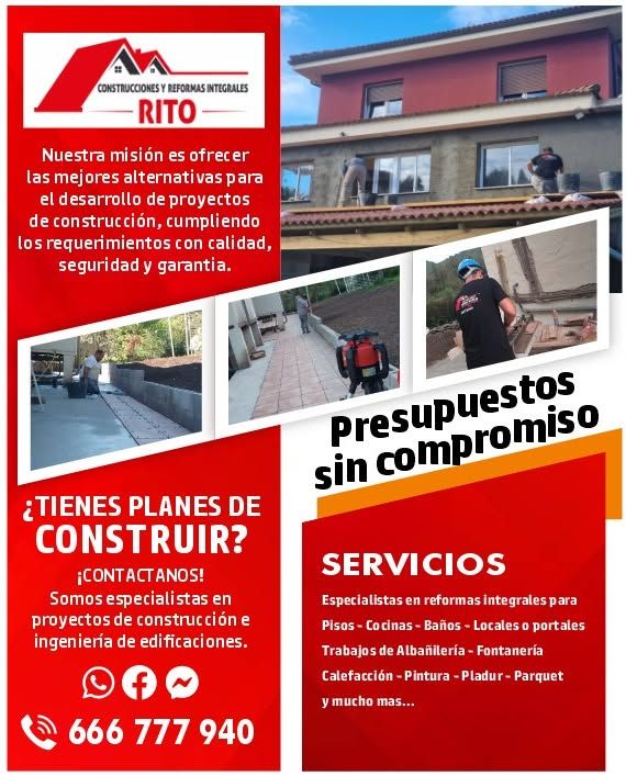 Promotional flyer for Construcciones y Reformas Integrales Rito, featuring construction services and contact information.