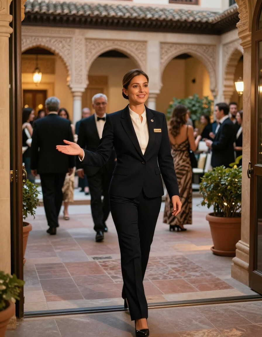 Azafata profesional en uniforme atendiendo a los invitados en un evento de lujo en Granada