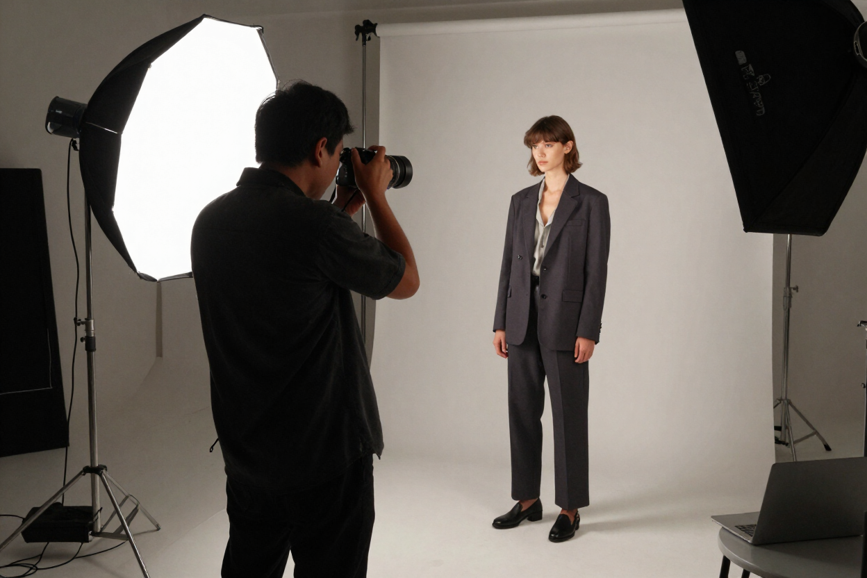 Fotógrafo preparando la toma de un book de modelo con equipo de iluminación