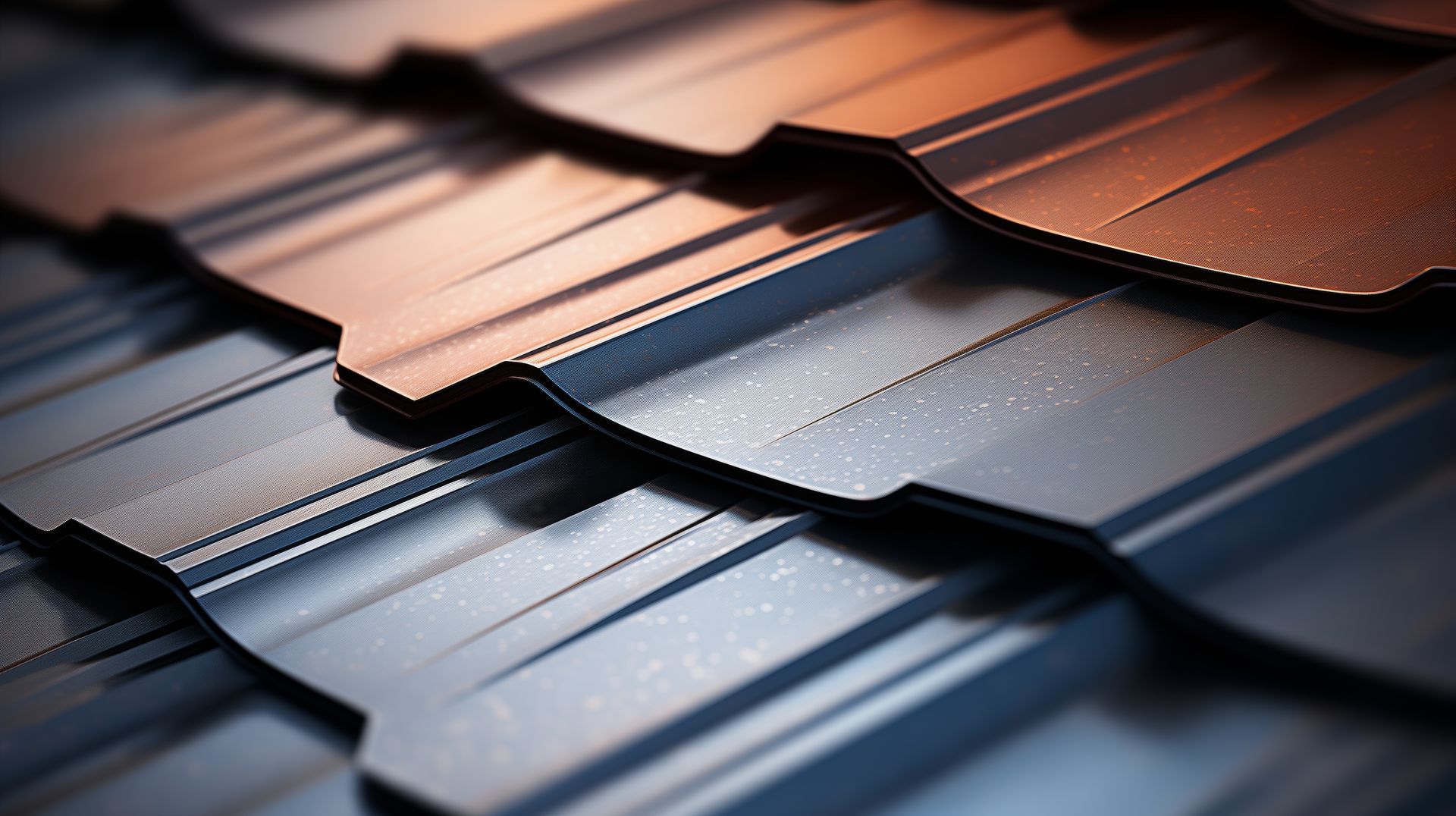 Gros plan sur des tuiles de toiture en métal ondulé se chevauchant.