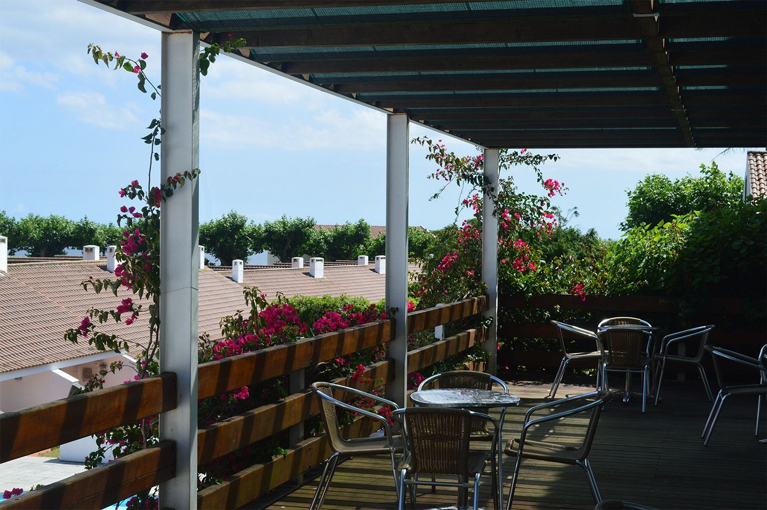 Pátio externo com mesas e cadeiras, com vista para os telhados e um céu azul, com trepadeiras floridas.