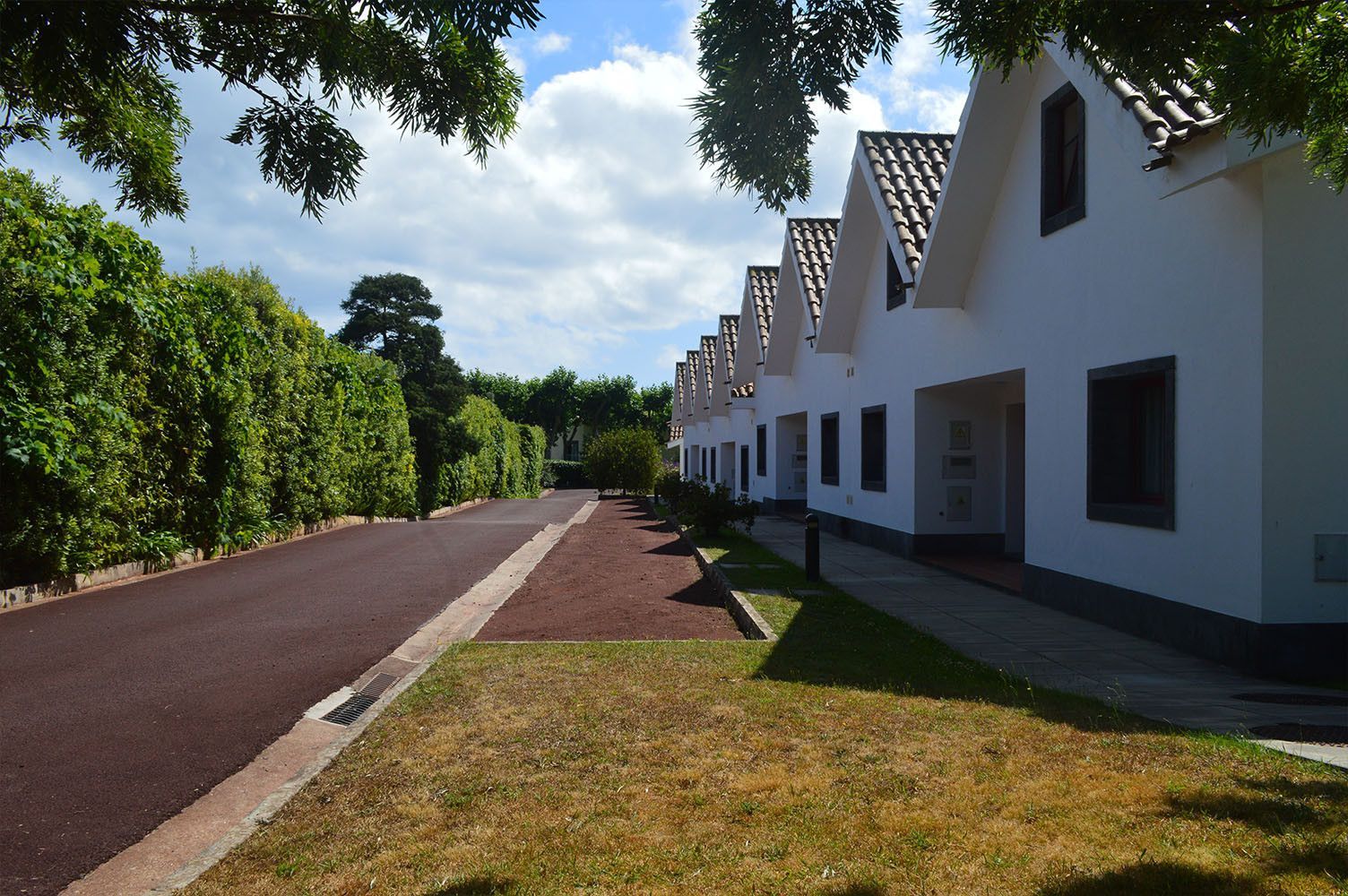 Fileira de casas brancas com telhados escuros ao longo de uma estrada escura