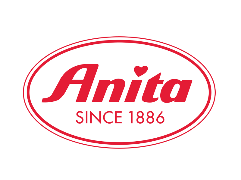 Logo für Anita, roter Text in einem ovalen Rahmen, mit „Since 1886“ und einem kleinen Herz über dem „i“.