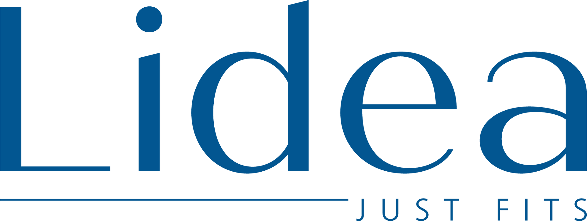 Das Logo „Lidea“ mit einem blauen Punkt über dem „i“ und dem Schriftzug „JUST FITS“ darunter.